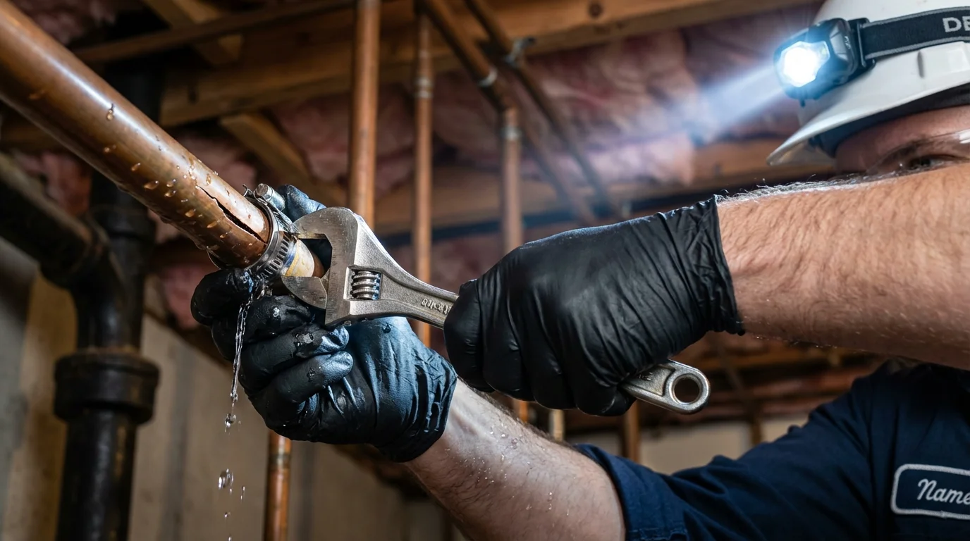 Emergency pipe clamp repair being performed by a Johns Plumbing LLC plumber in Quartzsite