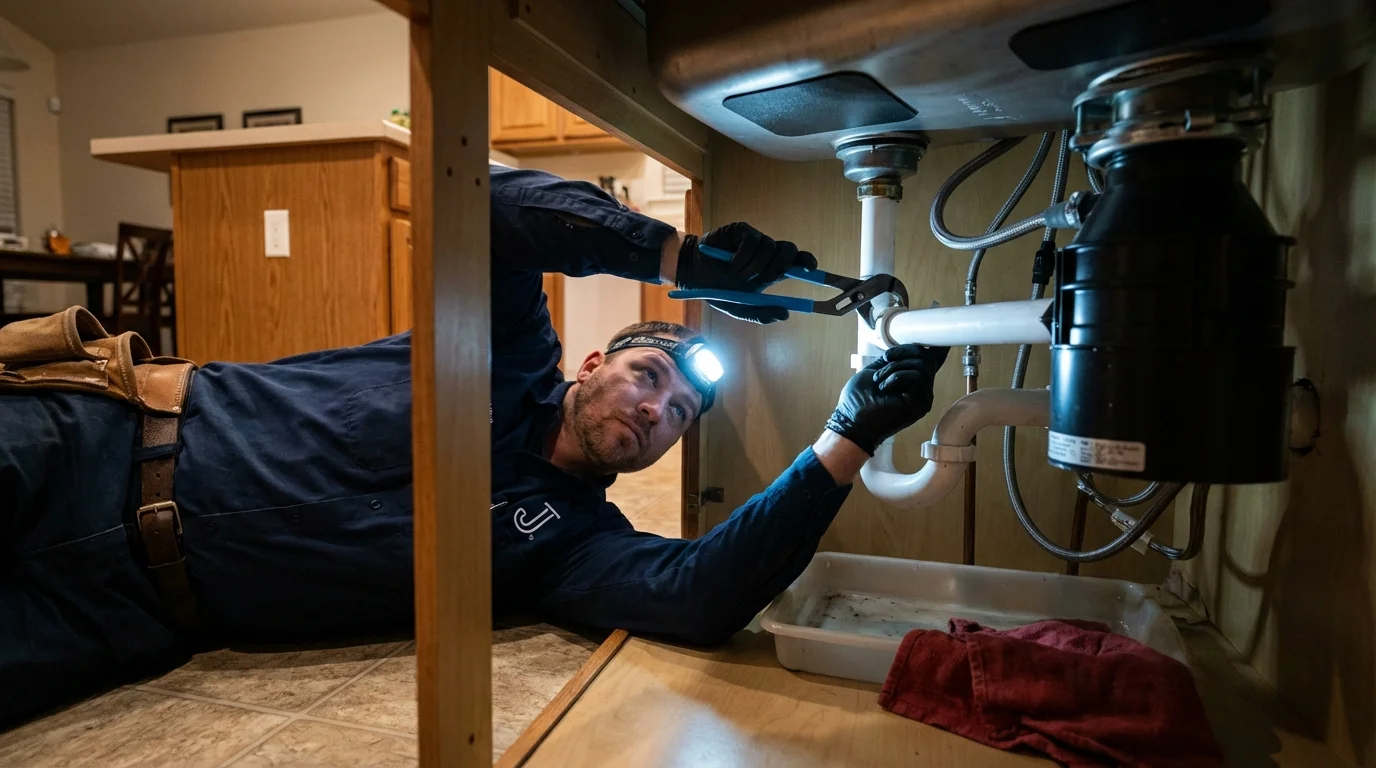 P-trap and supply line connections under a kitchen sink showing a common leak point in Quartzsite, AZ